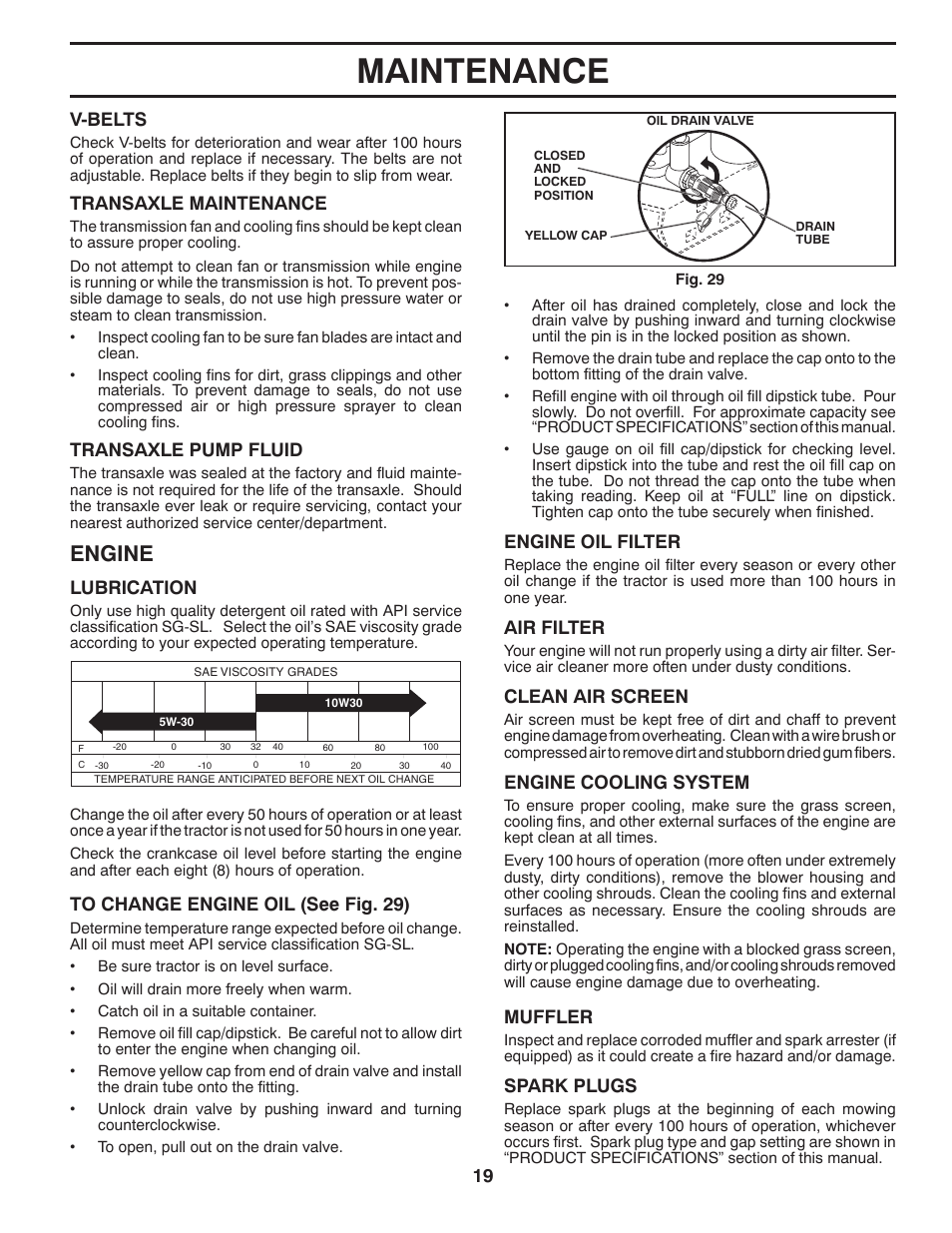 Maintenance, Engine, 19 engine oil filter | V-belts, Transaxle maintenance, Transaxle pump fluid, Air filter, Clean air screen, Muffler, Spark plugs | Dixon D25K48YT User Manual | Page 19 / 60