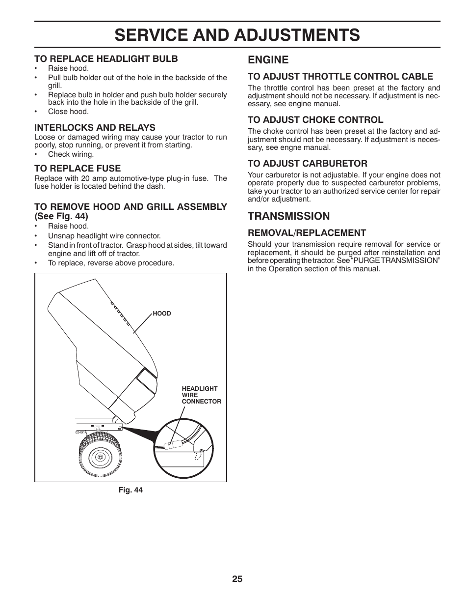 Service and adjustments, Engine, Transmission | Dixon D25K48YT User Manual | Page 25 / 60
