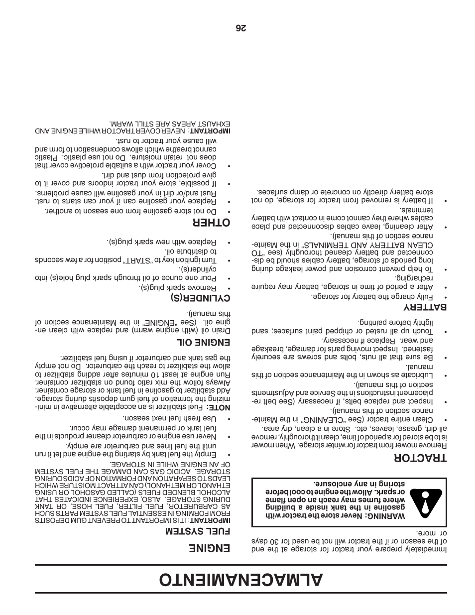 Almacenamiento, Tractor, Engine | Other | Dixon D25K48YT User Manual | Page 35 / 60