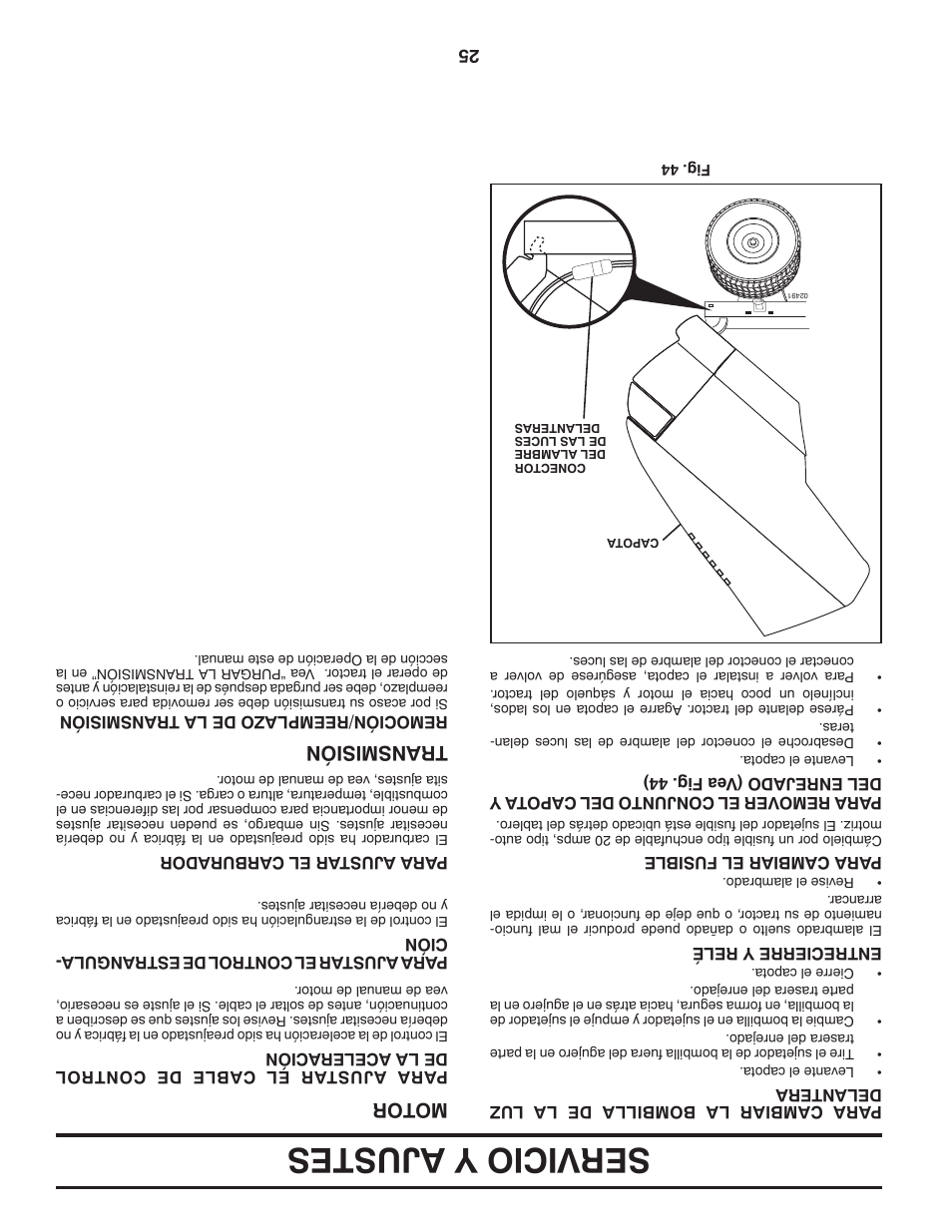 Servicio y ajustes, Motor, Transmisión | Dixon D25K48YT User Manual | Page 36 / 60