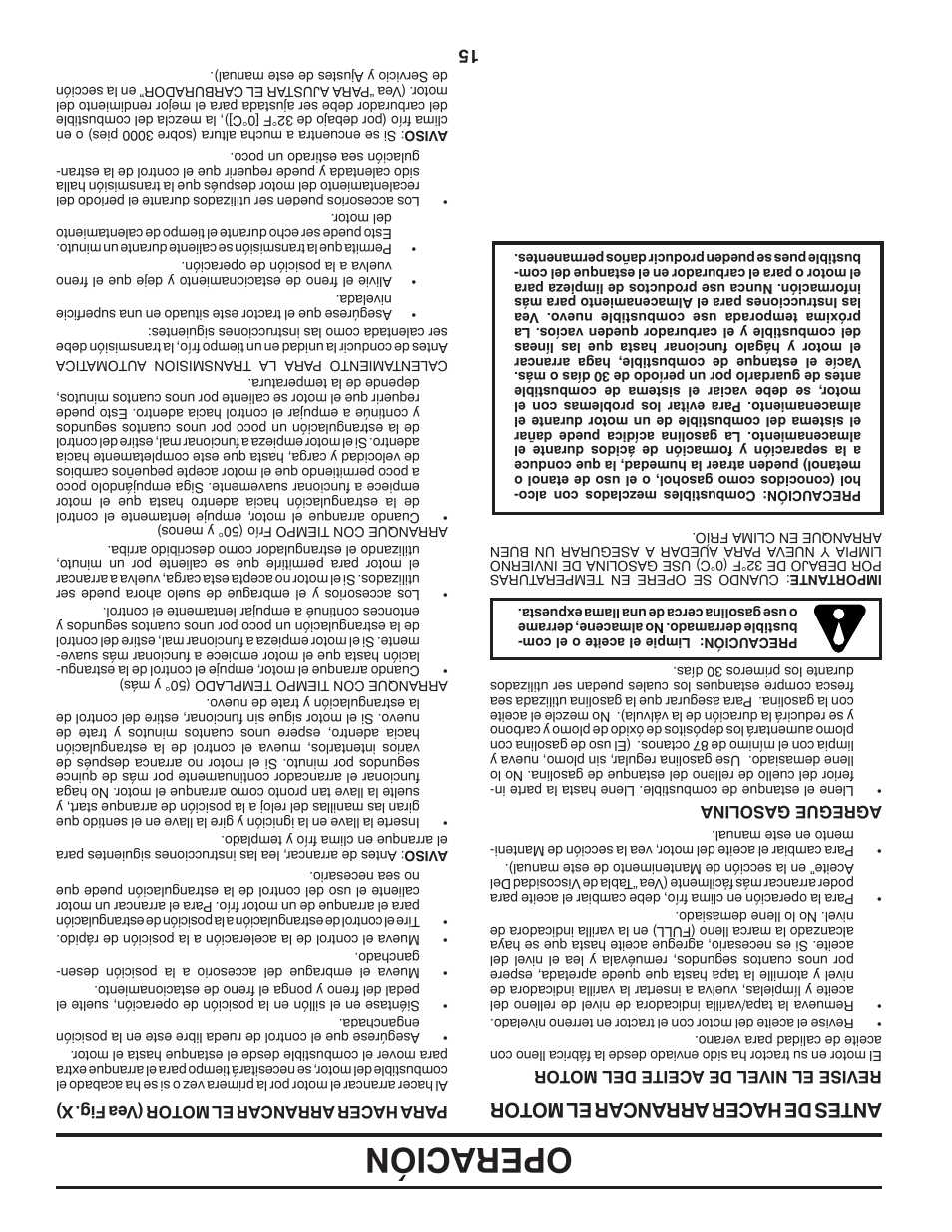 Operación, Antes de hacer arrancar el mo tor | Dixon D25K48YT User Manual | Page 46 / 60