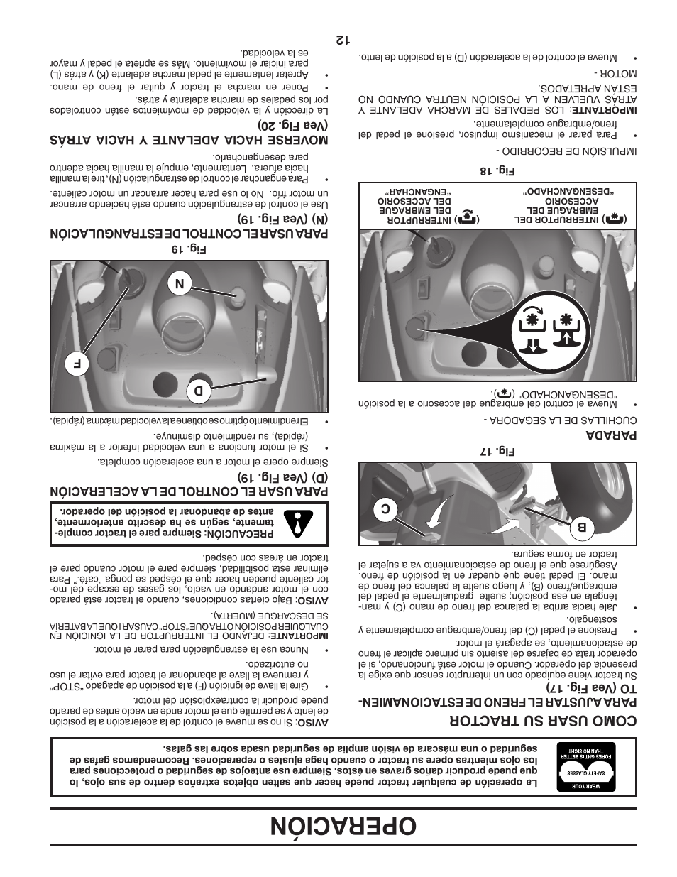 Operación, Como usar su tractor, Dn f b c | Dixon D25K48YT User Manual | Page 49 / 60