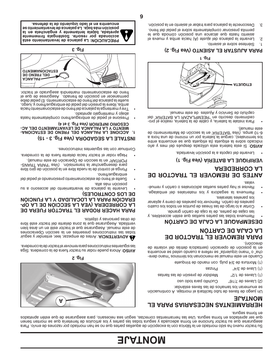 Montaje, Herramientas necesarias p ara el montaje, Para remover el tractor de la caja de cartón | Antes de remover el tractor de la corredera | Dixon D25K48YT User Manual | Page 55 / 60