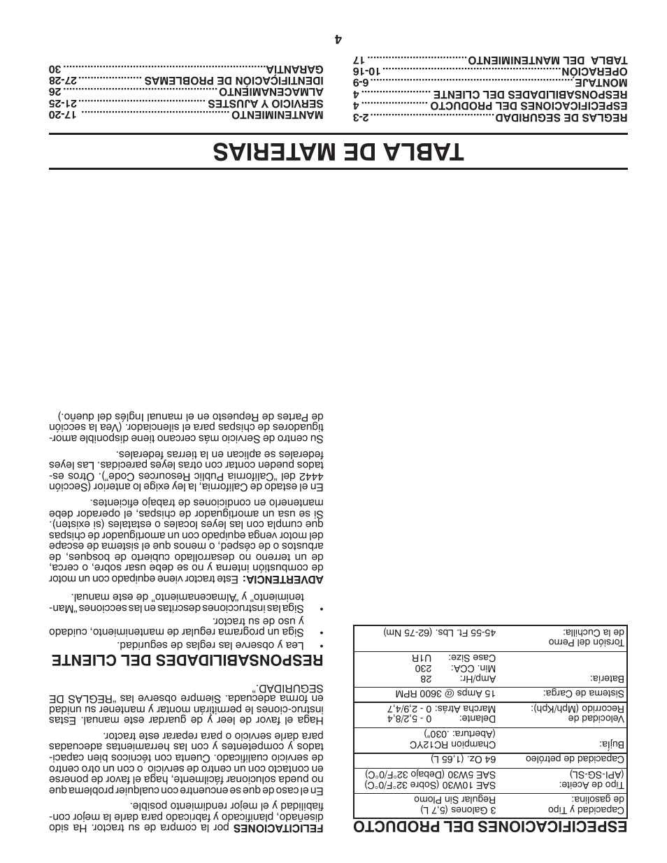 Tabl a de materias, Especificaciones del producto, Responsabilidades del cliente | Dixon D25K48YT User Manual | Page 57 / 60