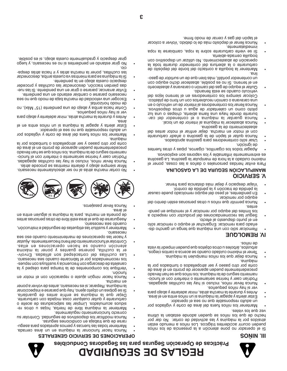 Reglas de seguridad, 3iii. niños, Iv . remolque | V . servicio | Dixon D25K48YT User Manual | Page 58 / 60