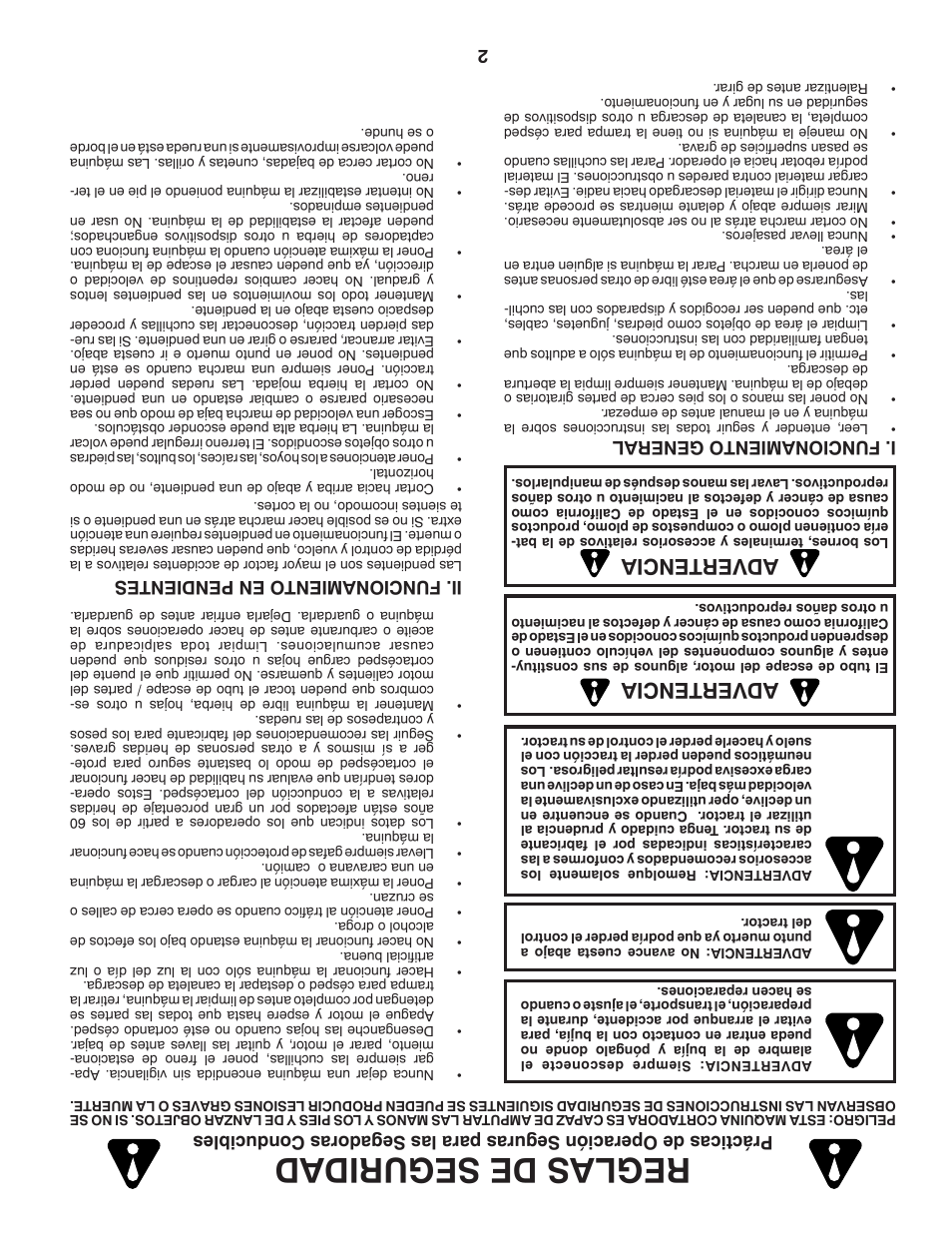 Reglas de seguridad, Advertencia, Ii. funcionamiento en pendientes | I. funcionamiento general | Dixon D25K48YT User Manual | Page 59 / 60