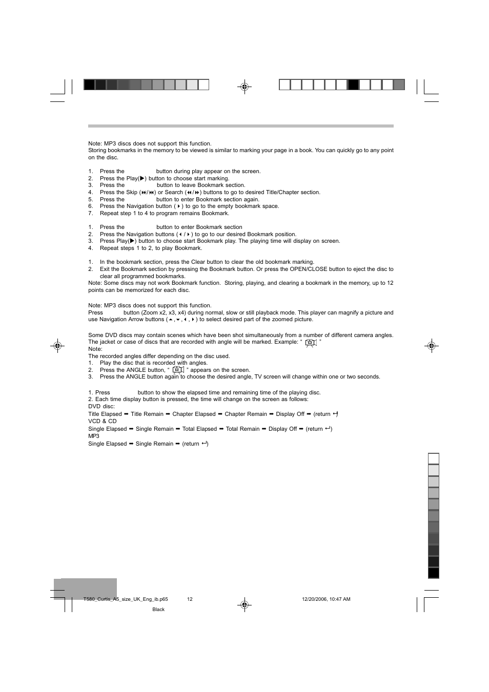 Advanced playback mode (continue), Bookmark for dvd/ vcd/ cd, Zoom function | Display button | Curtis DVD8723UK User Manual | Page 13 / 24