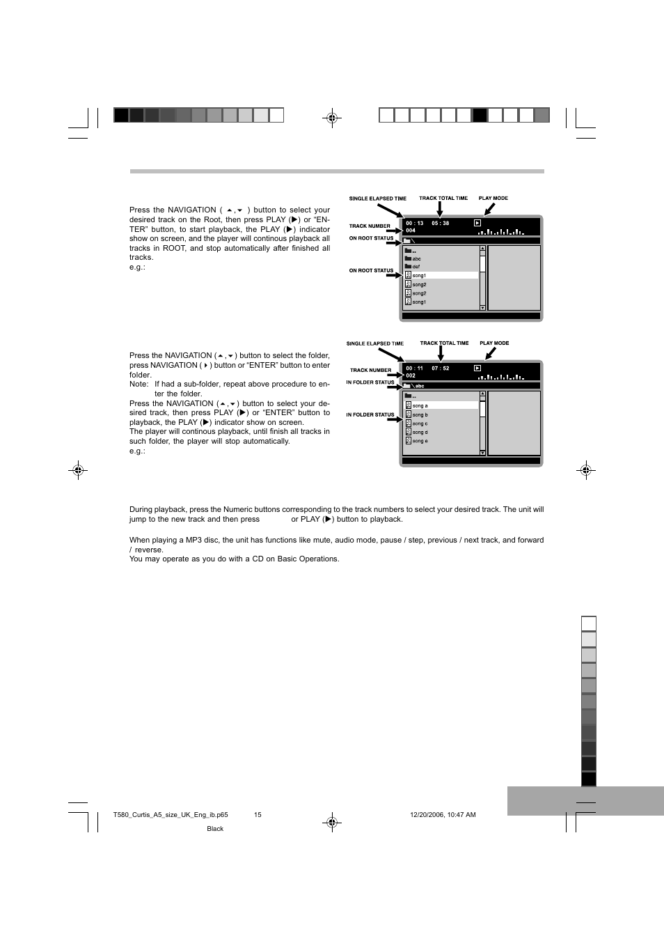 Mp3 basic operation (continue), Playback track on root, Playback track in folder | Selecting folder/tracks using the number buttons, Other functions | Curtis DVD8723UK User Manual | Page 16 / 24