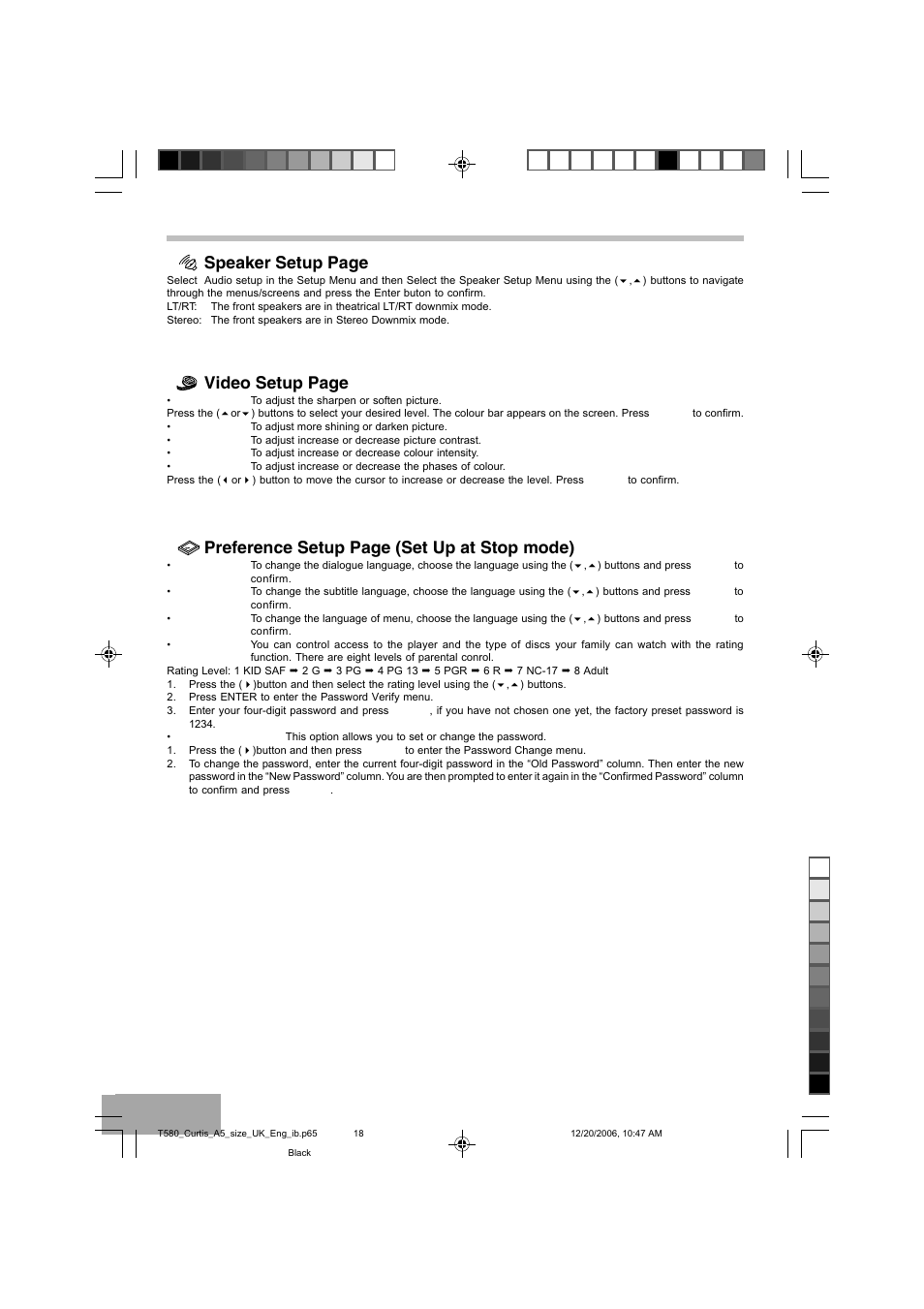 Initial setting (continue), Speaker setup page, Video setup page | Preference setup page (set up at stop mode) | Curtis DVD8723UK User Manual | Page 19 / 24