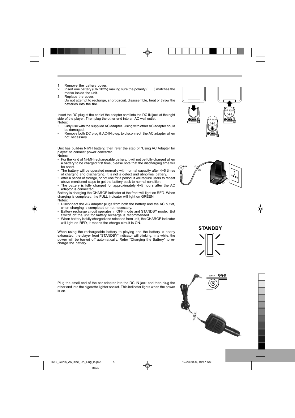 Power sources, Battery installation (remote control unit), Charging the battery | Battery low indication, Using ac adapter for player | Curtis DVD8723UK User Manual | Page 6 / 24