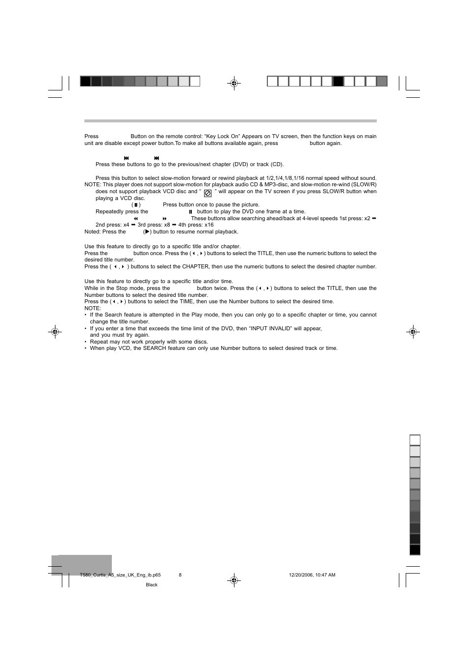 Basic operation, Panel key lock, Skip and searching | Title/chapter search, Title/time search | Curtis DVD8723UK User Manual | Page 9 / 24