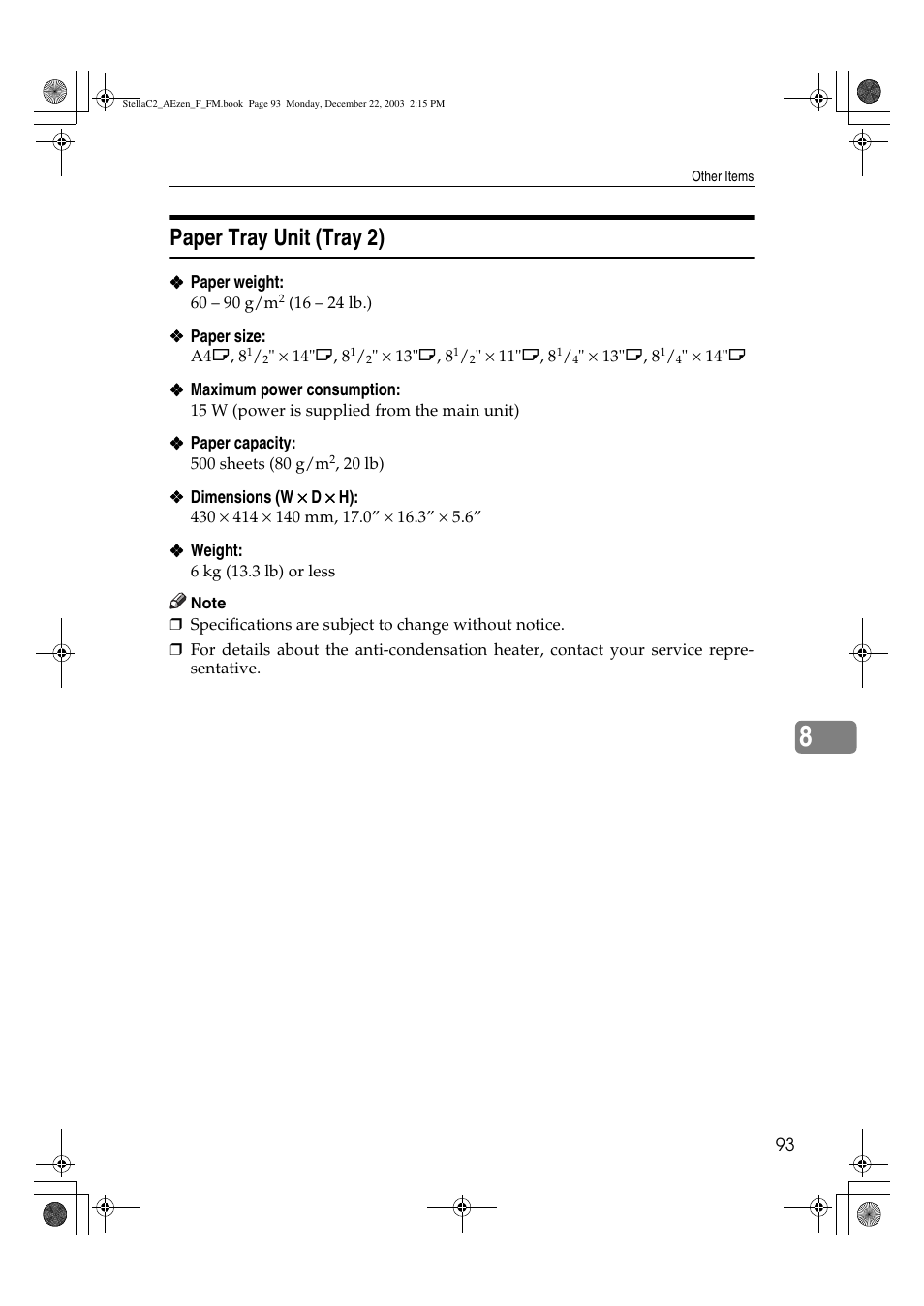 Paper tray unit (tray 2) | Dixon Aficio 1515 User Manual | Page 103 / 1171