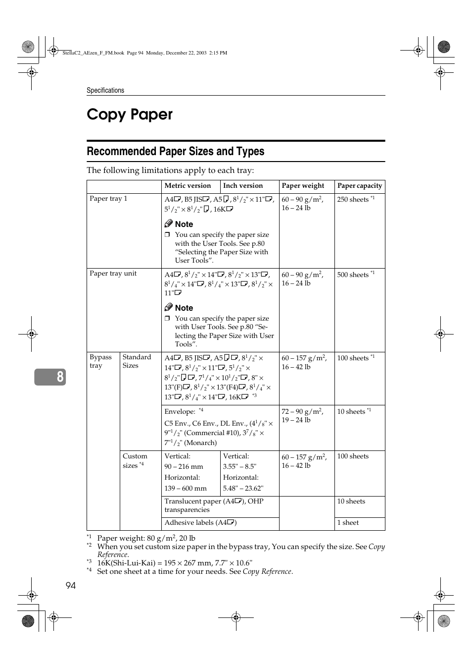 Copy paper, 8copy paper, Recommended paper sizes and types | Dixon Aficio 1515 User Manual | Page 104 / 1171