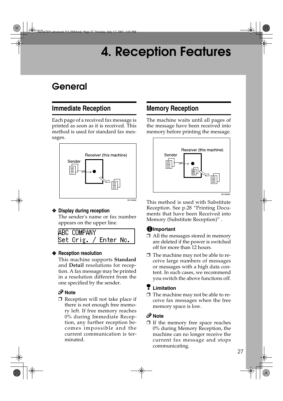 Reception features, General, Immediate reception | Dixon Aficio 1515 User Manual | Page 1057 / 1171