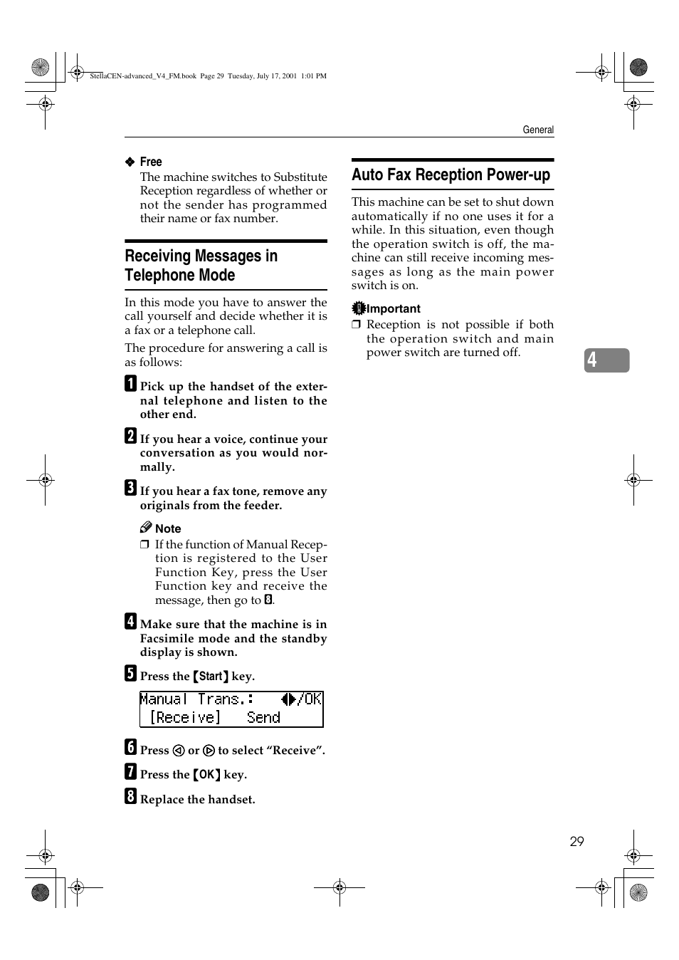 Receiving messages in telephone mode, Auto fax reception power-up | Dixon Aficio 1515 User Manual | Page 1059 / 1171