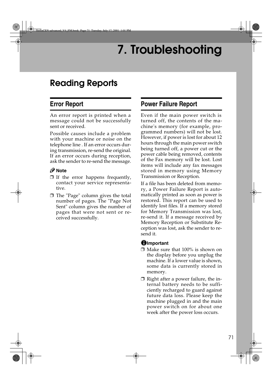 Troubleshooting, Reading reports, Error report | Power failure report | Dixon Aficio 1515 User Manual | Page 1101 / 1171