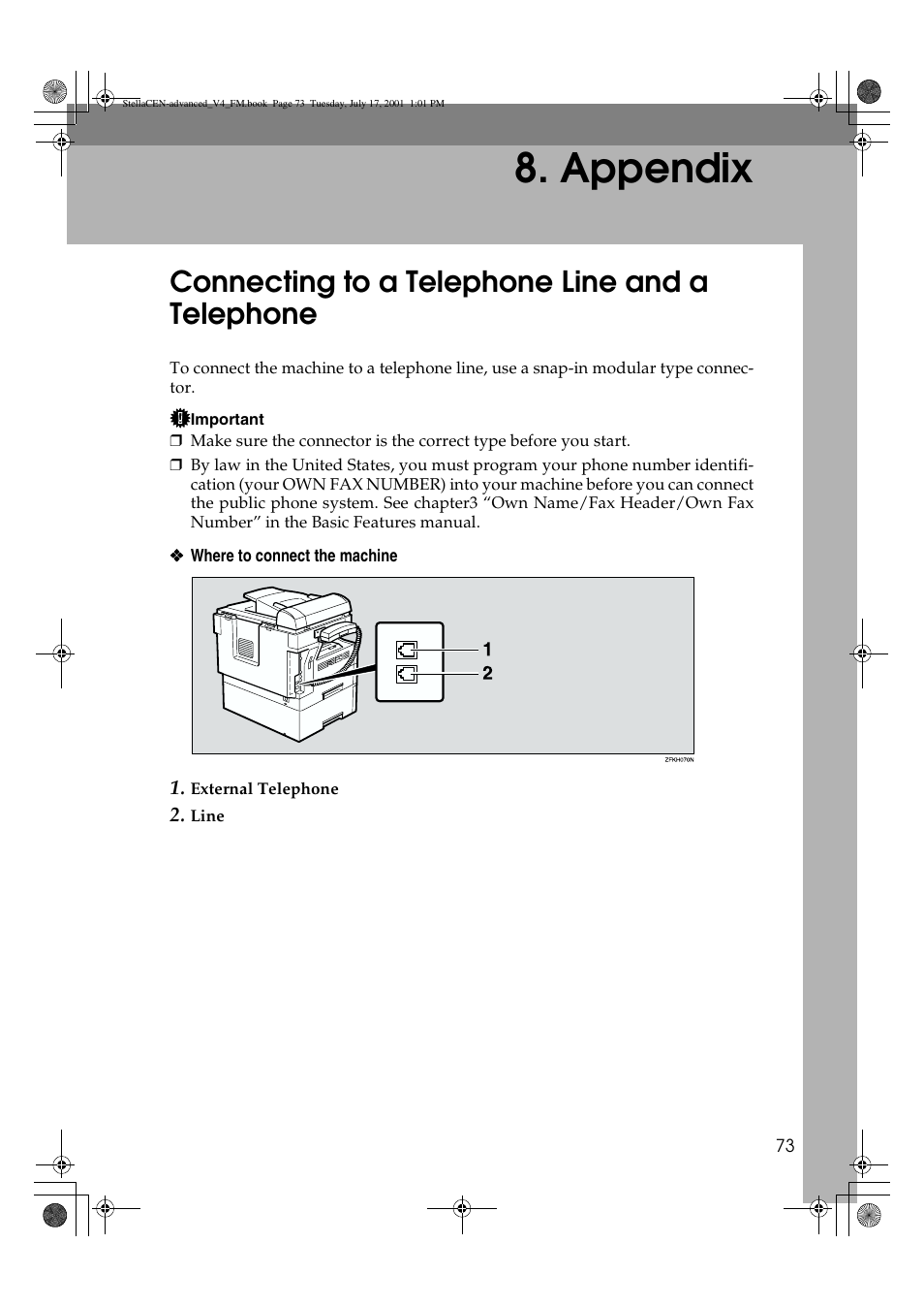 Appendix, Connecting to a telephone line and a telephone | Dixon Aficio 1515 User Manual | Page 1103 / 1171