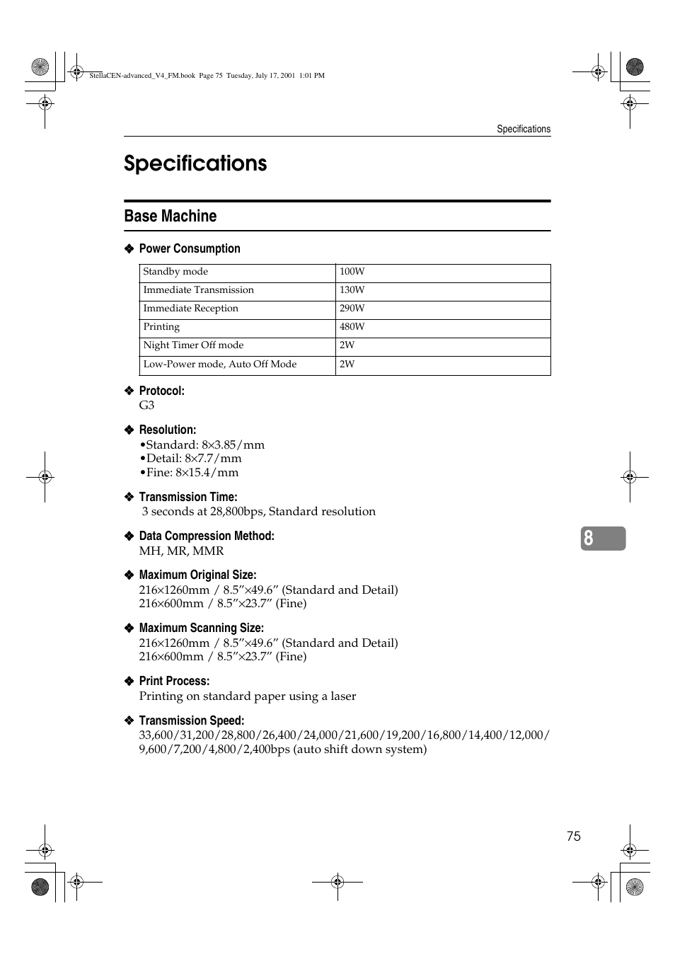 Specifications, 8specifications, Base machine | Dixon Aficio 1515 User Manual | Page 1105 / 1171