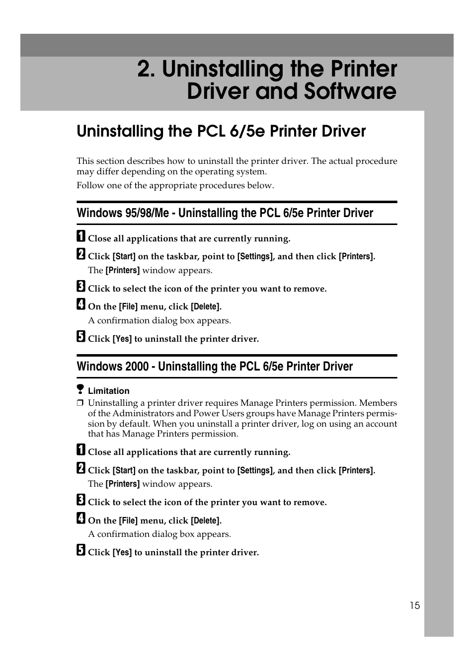  uninstalling the printer driver and software, Uninstalling the pcl 6/5e printer driver, Uninstalling the printer driver and software | Dixon Aficio 1515 User Manual | Page 1138 / 1171
