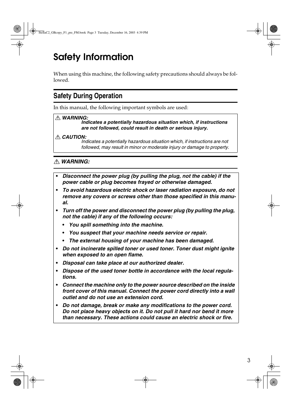Safety information, Safety during operation | Dixon Aficio 1515 User Manual | Page 121 / 1171