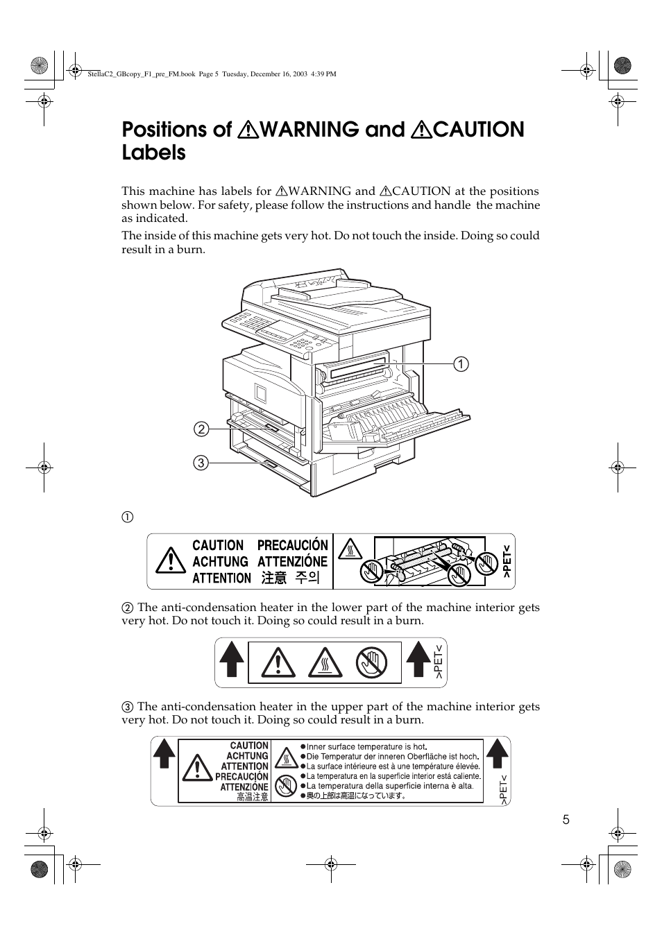 Positions of warning and caution labels | Dixon Aficio 1515 User Manual | Page 123 / 1171