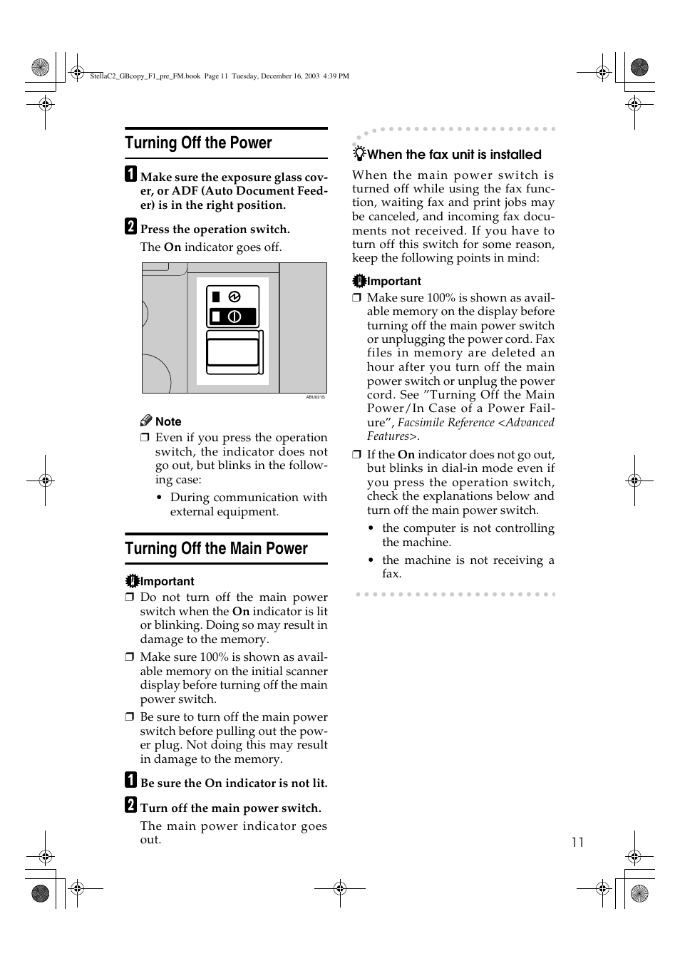 Turning off the power, Turning off the main power | Dixon Aficio 1515 User Manual | Page 129 / 1171