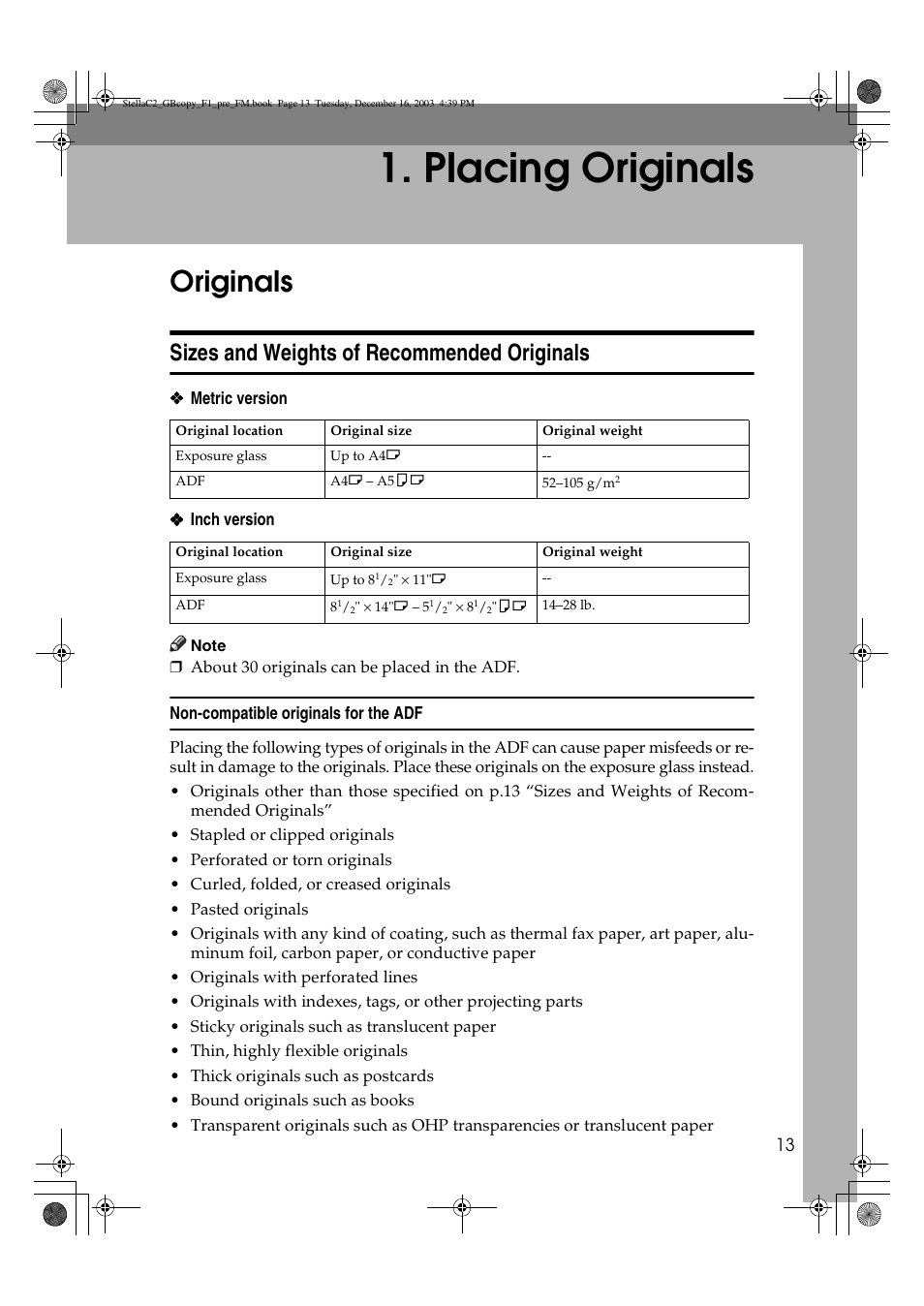 Placing originals, Originals, Sizes and weights of recommended originals | Dixon Aficio 1515 User Manual | Page 131 / 1171