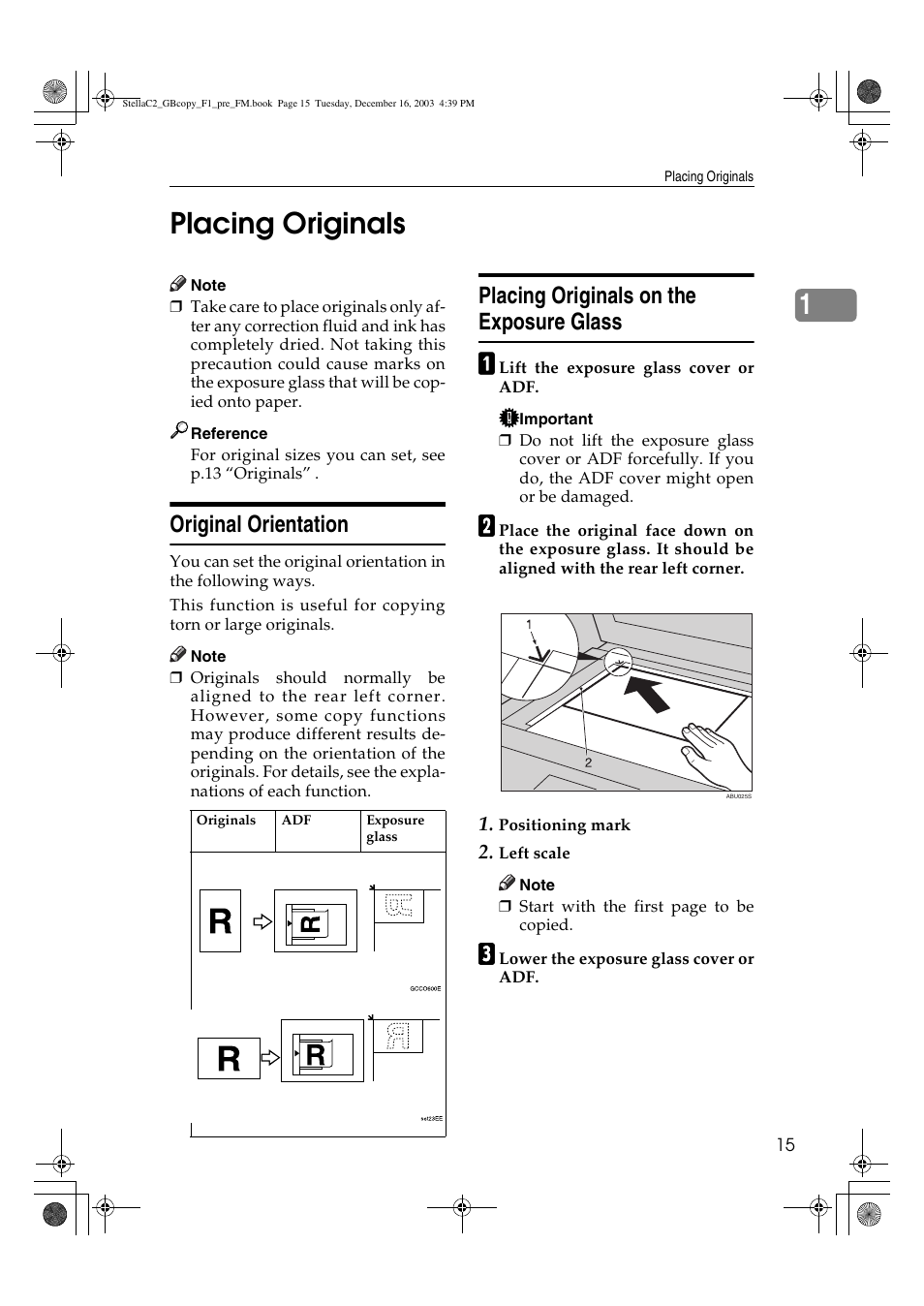 Placing originals, 1placing originals, Original orientation | Placing originals on the exposure glass | Dixon Aficio 1515 User Manual | Page 133 / 1171