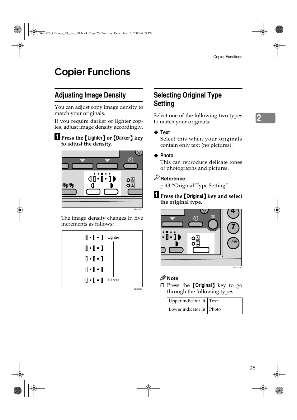 Copier functions, 2copier functions, Adjusting image density | Selecting original type setting | Dixon Aficio 1515 User Manual | Page 143 / 1171