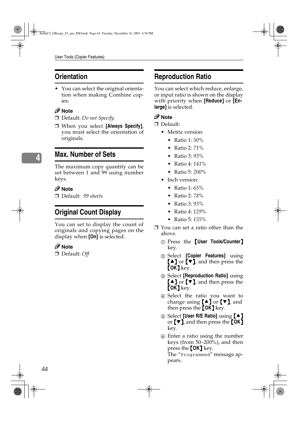 Orientation, Max. number of sets, Original count display | Reproduction ratio | Dixon Aficio 1515 User Manual | Page 162 / 1171