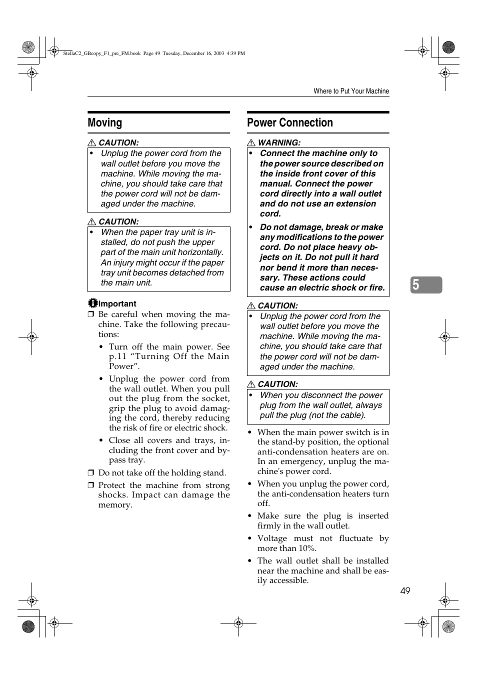 Moving, Power connection | Dixon Aficio 1515 User Manual | Page 167 / 1171