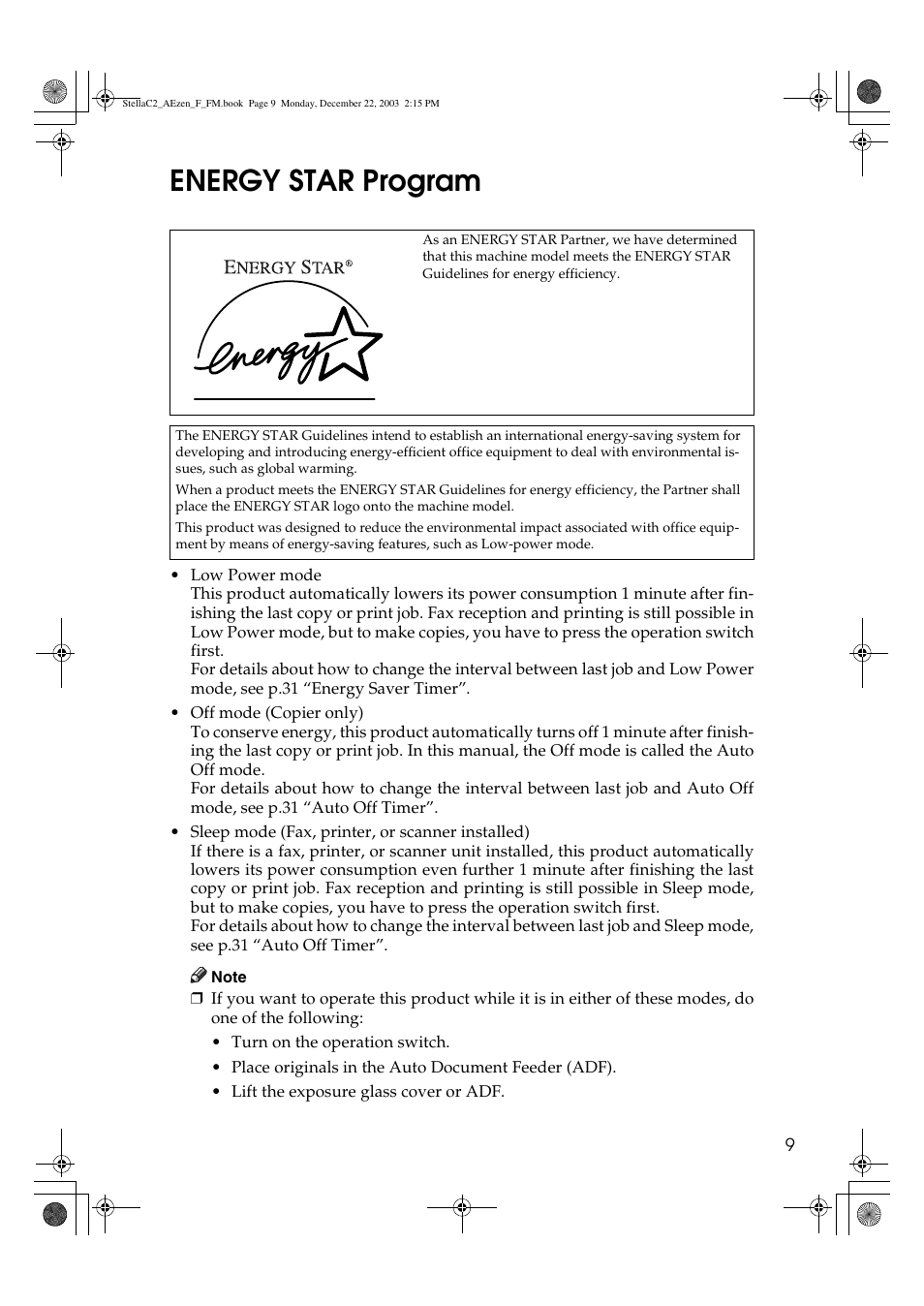 Energy star program | Dixon Aficio 1515 User Manual | Page 19 / 1171