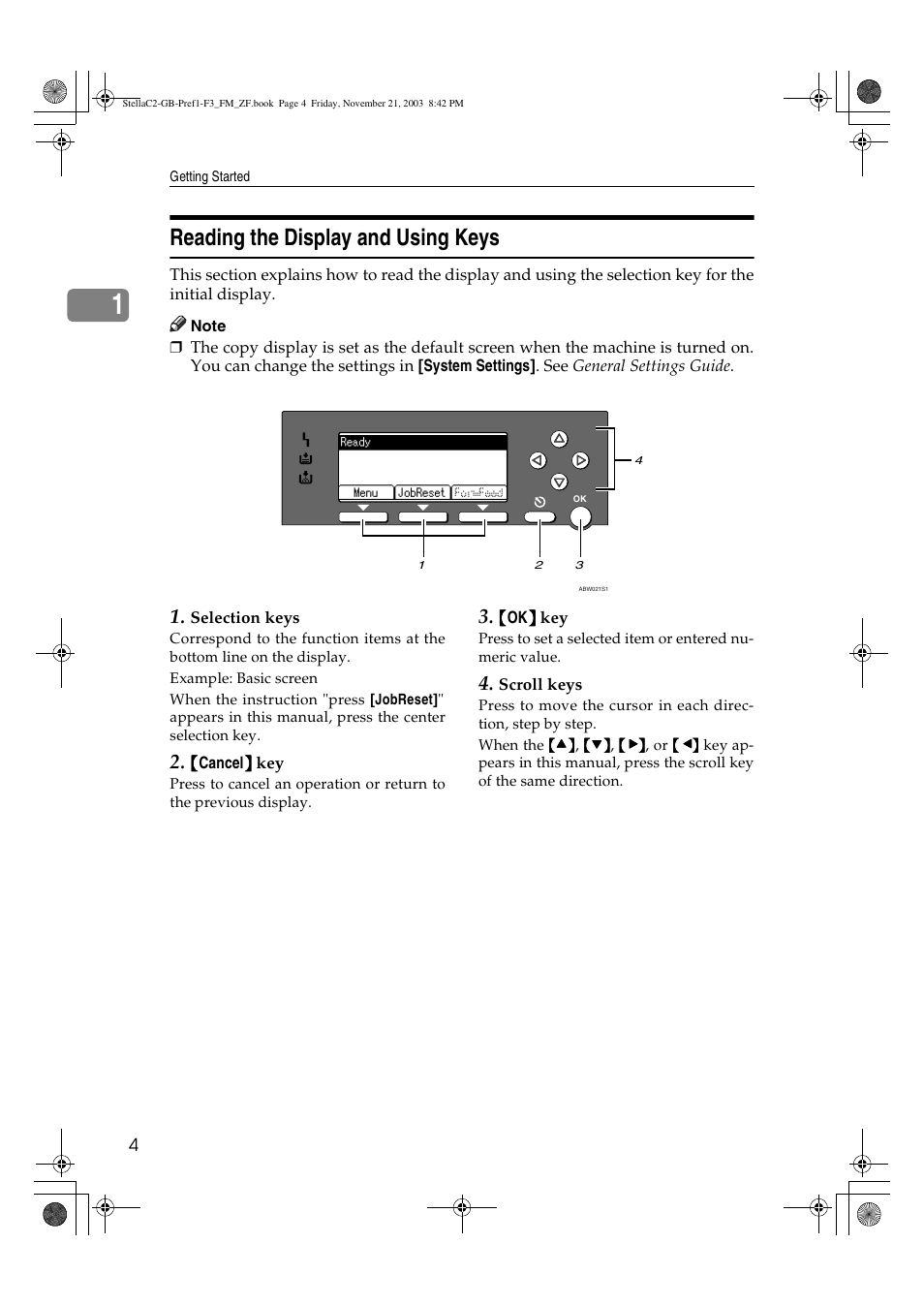 Reading the display and using keys | Dixon Aficio 1515 User Manual | Page 190 / 1171