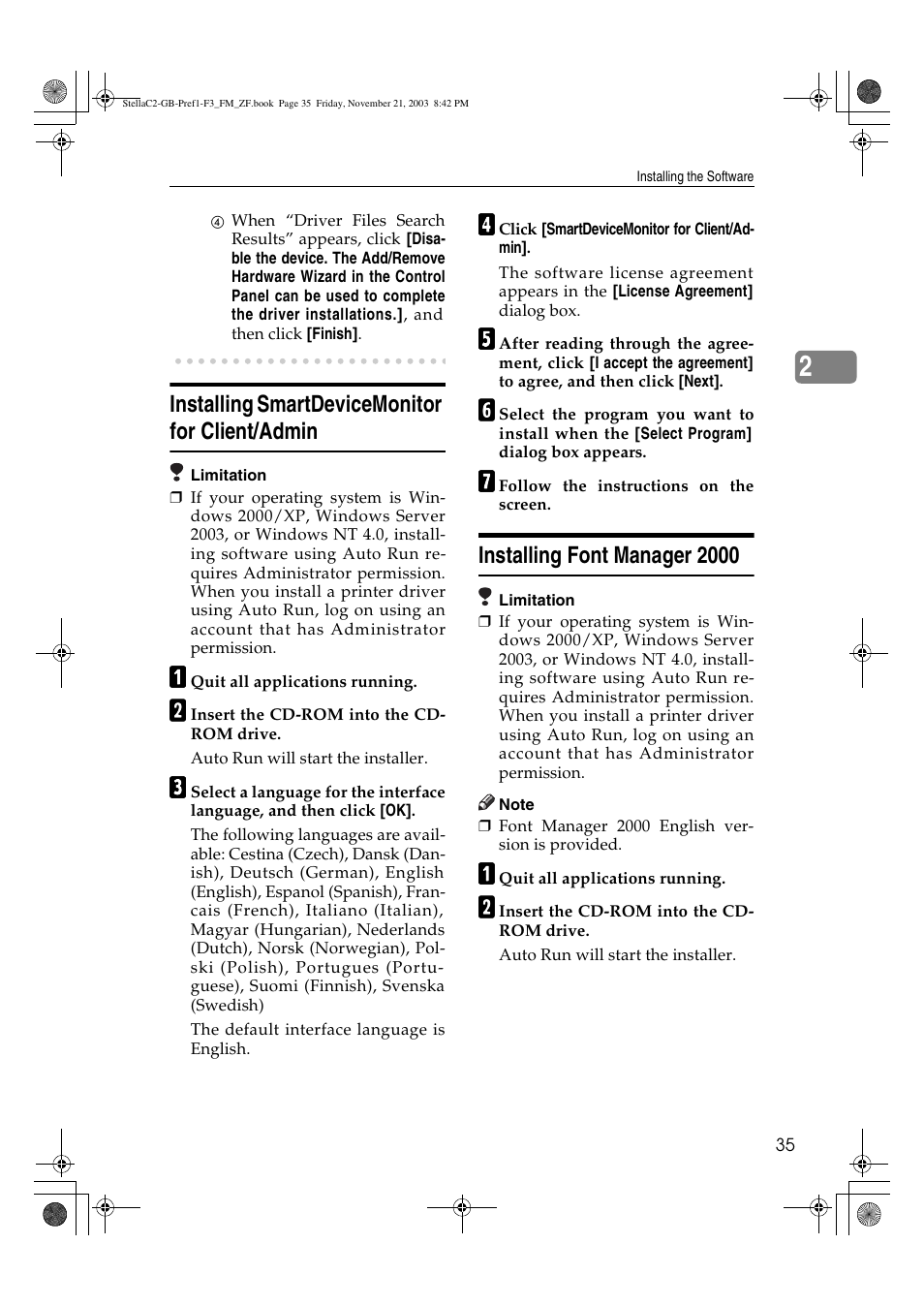 Installing smartdevicemonitor for client/admin, Installing font manager 2000 | Dixon Aficio 1515 User Manual | Page 221 / 1171