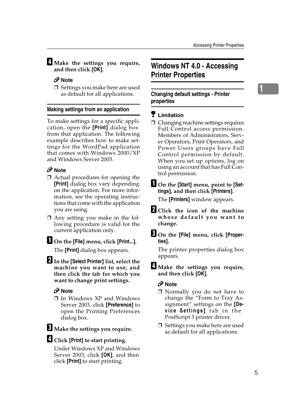 Making settings from an application, Windows nt 4.0 - accessing printer properties, Changing default settings - printer properties | Dixon Aficio 1515 User Manual | Page 243 / 1171