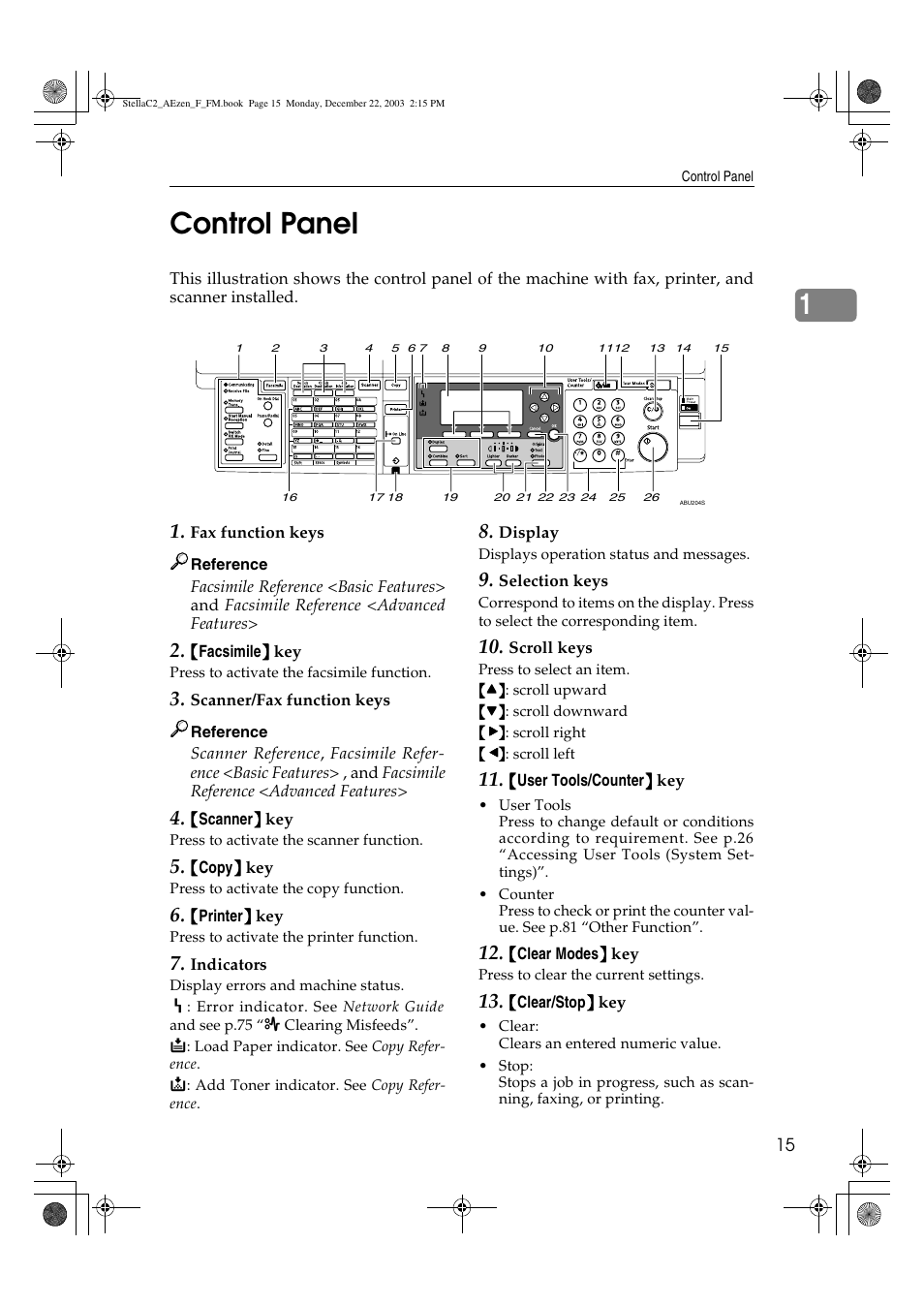 Control panel, 1control panel | Dixon Aficio 1515 User Manual | Page 25 / 1171
