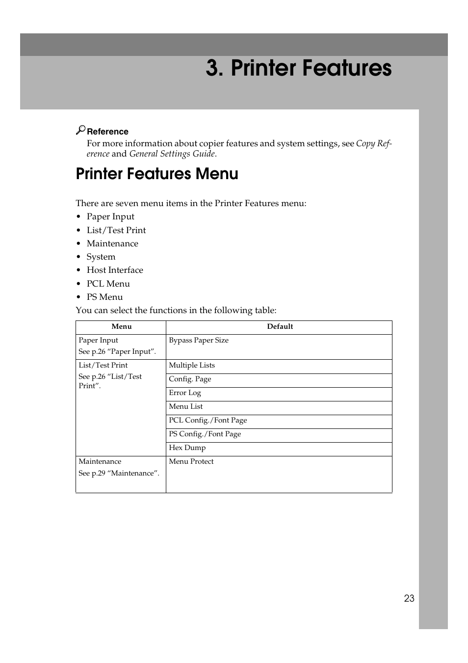  printer features, Printer features menu, Printer features | Dixon Aficio 1515 User Manual | Page 261 / 1171
