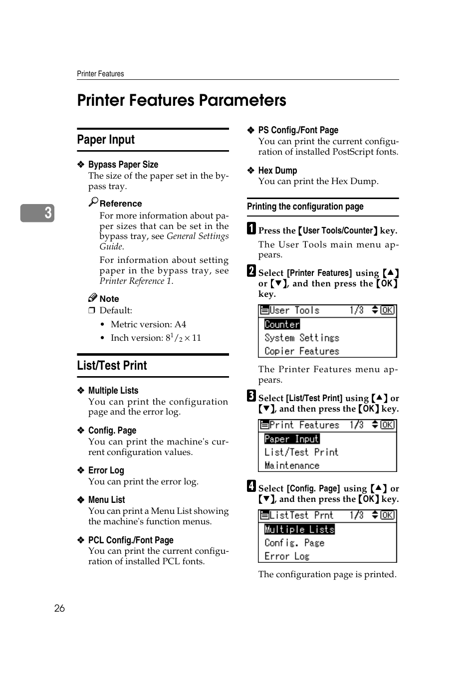 Printer features parameters, Paper input, List/test print | 3printer features parameters | Dixon Aficio 1515 User Manual | Page 264 / 1171