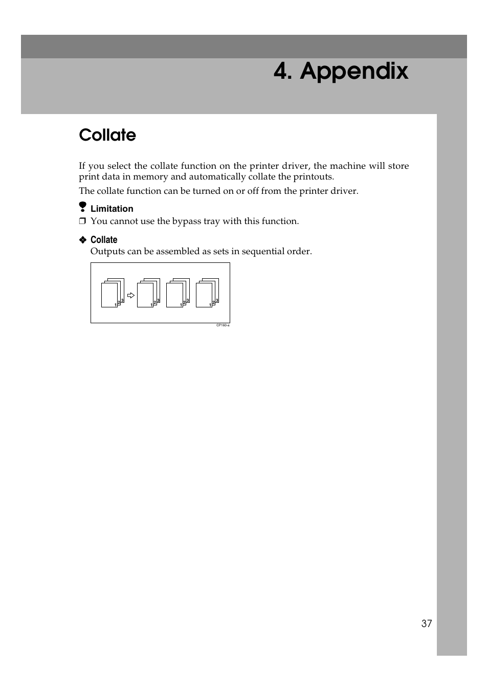  appendix, Collate, Appendix | You cannot use the bypass tray with this function | Dixon Aficio 1515 User Manual | Page 275 / 1171