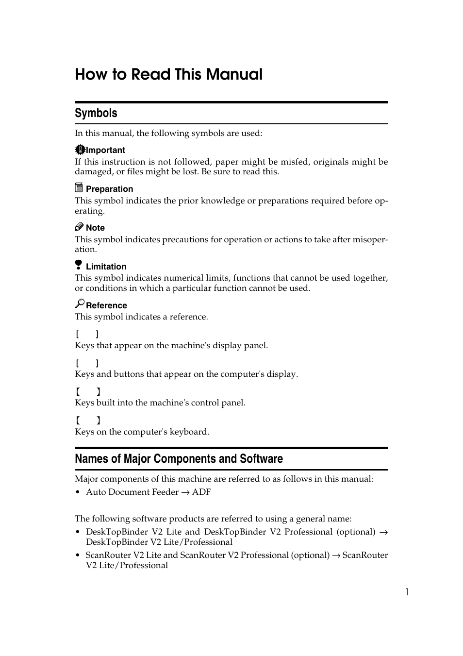 How to read this manual, Symbols, Names of major components and software | Dixon Aficio 1515 User Manual | Page 291 / 1171