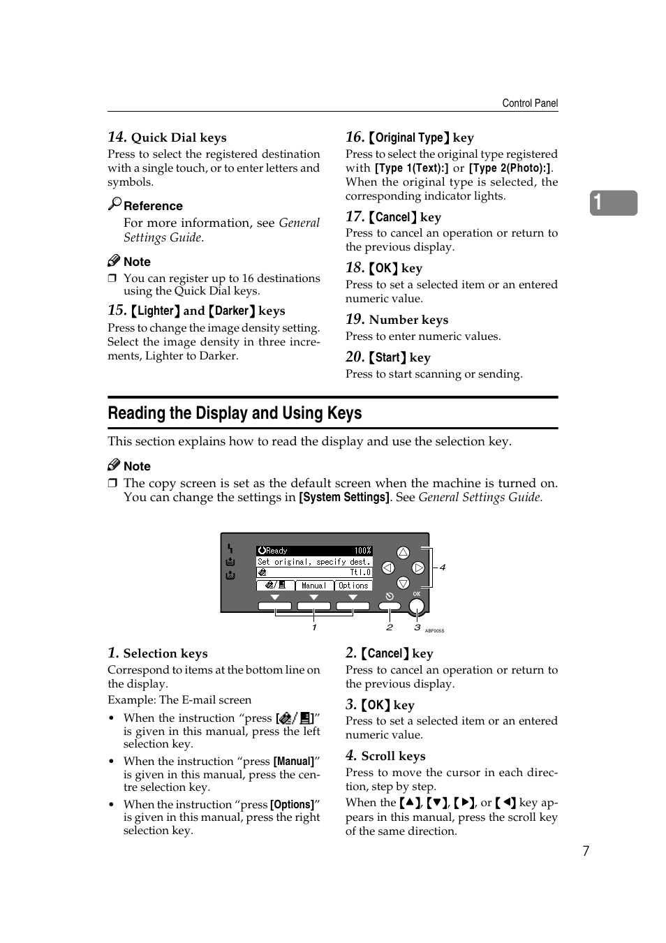 Reading the display and using keys | Dixon Aficio 1515 User Manual | Page 297 / 1171