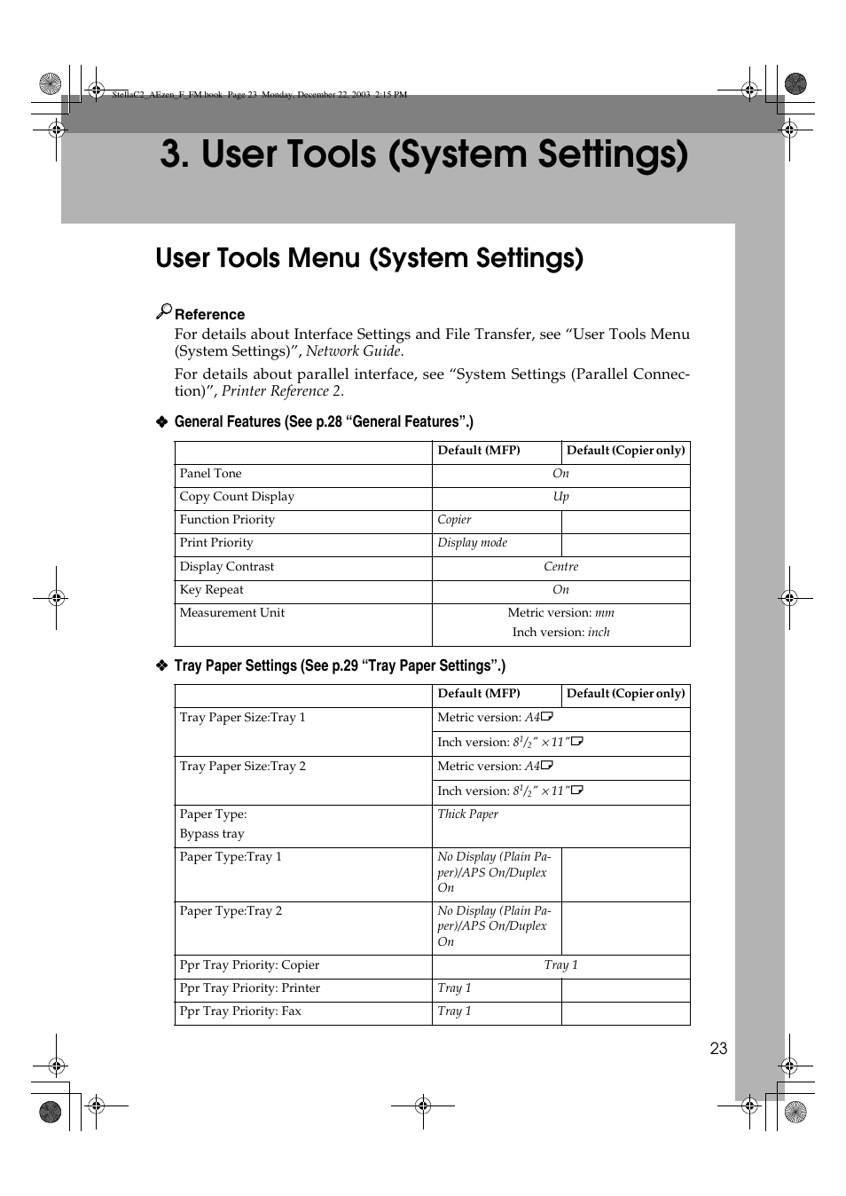 User tools (system settings), User tools menu (system settings) | Dixon Aficio 1515 User Manual | Page 33 / 1171