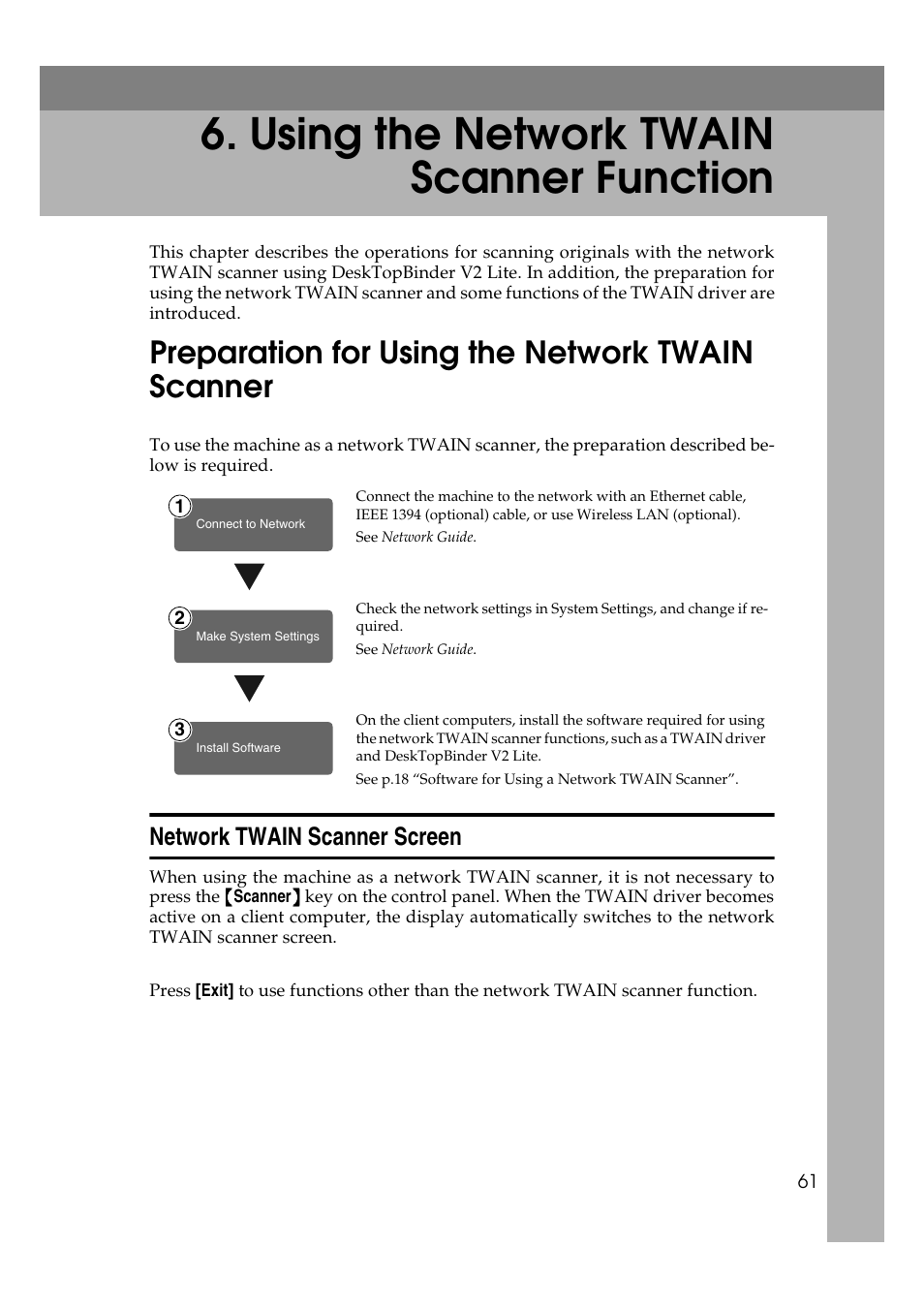 using the network twain scanner function, Preparation for using the network twain scanner, Network twain scanner screen | Using the network twain scanner function | Dixon Aficio 1515 User Manual | Page 351 / 1171