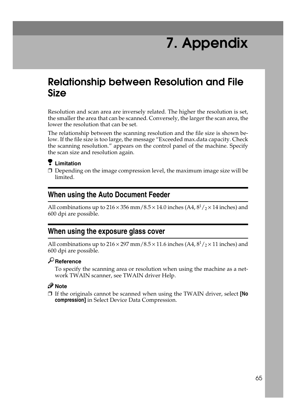  appendix, Relationship between resolution and file size, When using the auto document feeder | When using the exposure glass cover, Appendix | Dixon Aficio 1515 User Manual | Page 355 / 1171