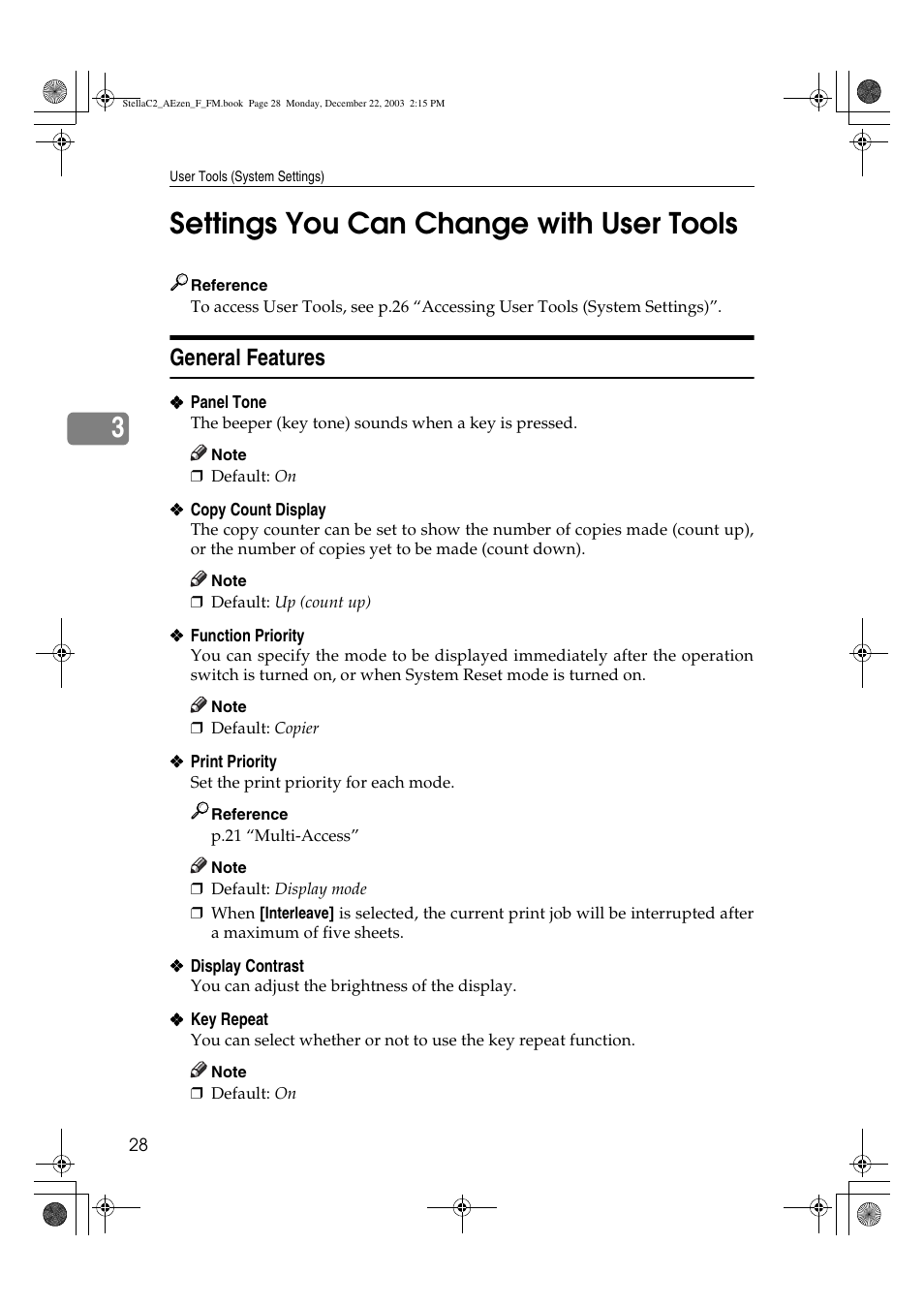 Settings you can change with user tools, 3settings you can change with user tools, General features | Dixon Aficio 1515 User Manual | Page 38 / 1171