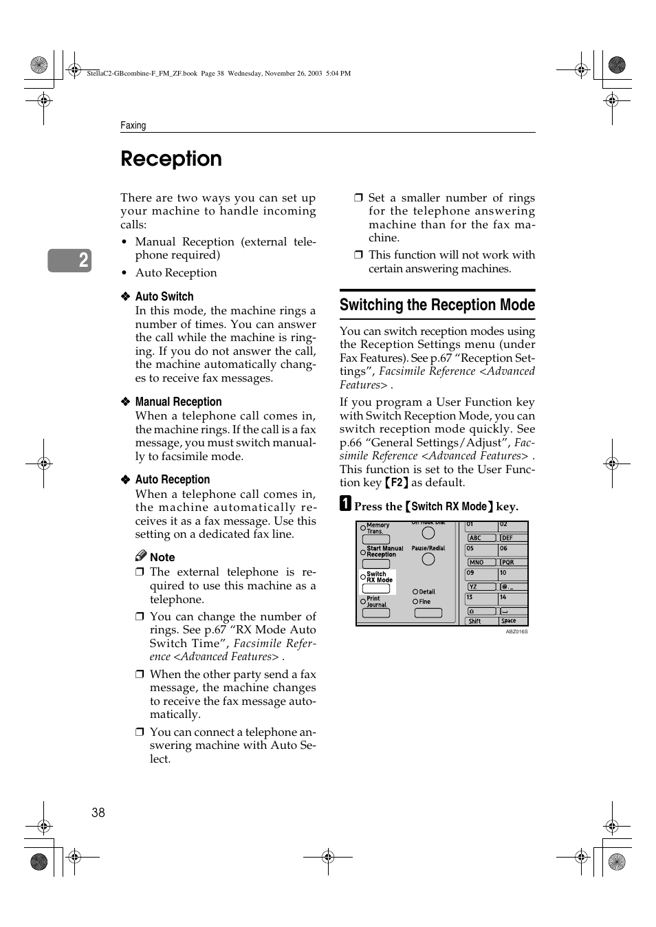 Reception, 2reception, Switching the reception mode | Dixon Aficio 1515 User Manual | Page 410 / 1171