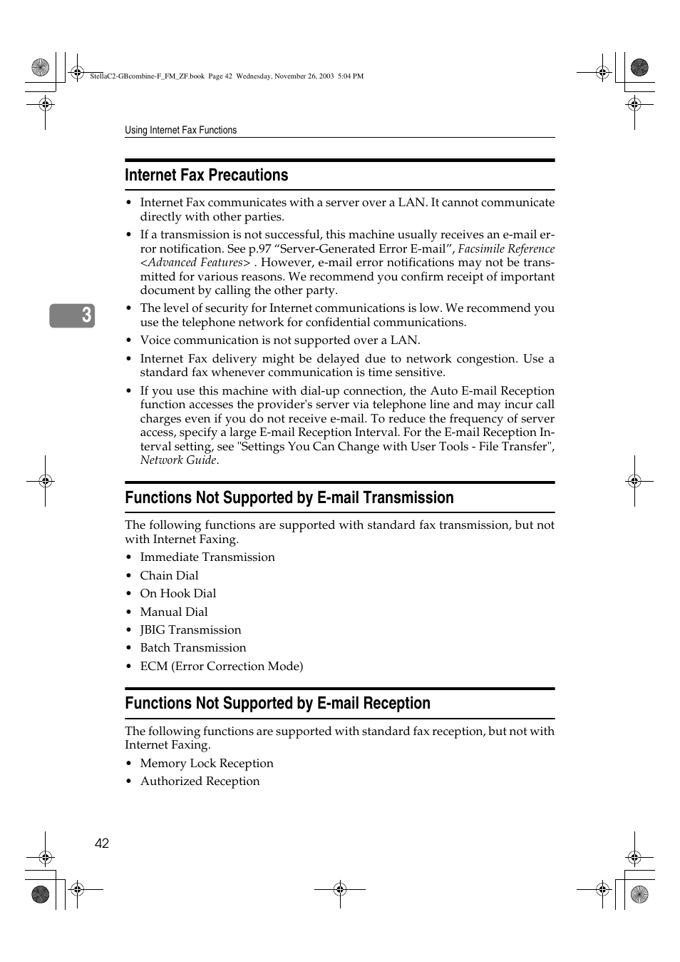 Internet fax precautions, Functions not supported by e-mail transmission, Functions not supported by e-mail reception | Dixon Aficio 1515 User Manual | Page 414 / 1171