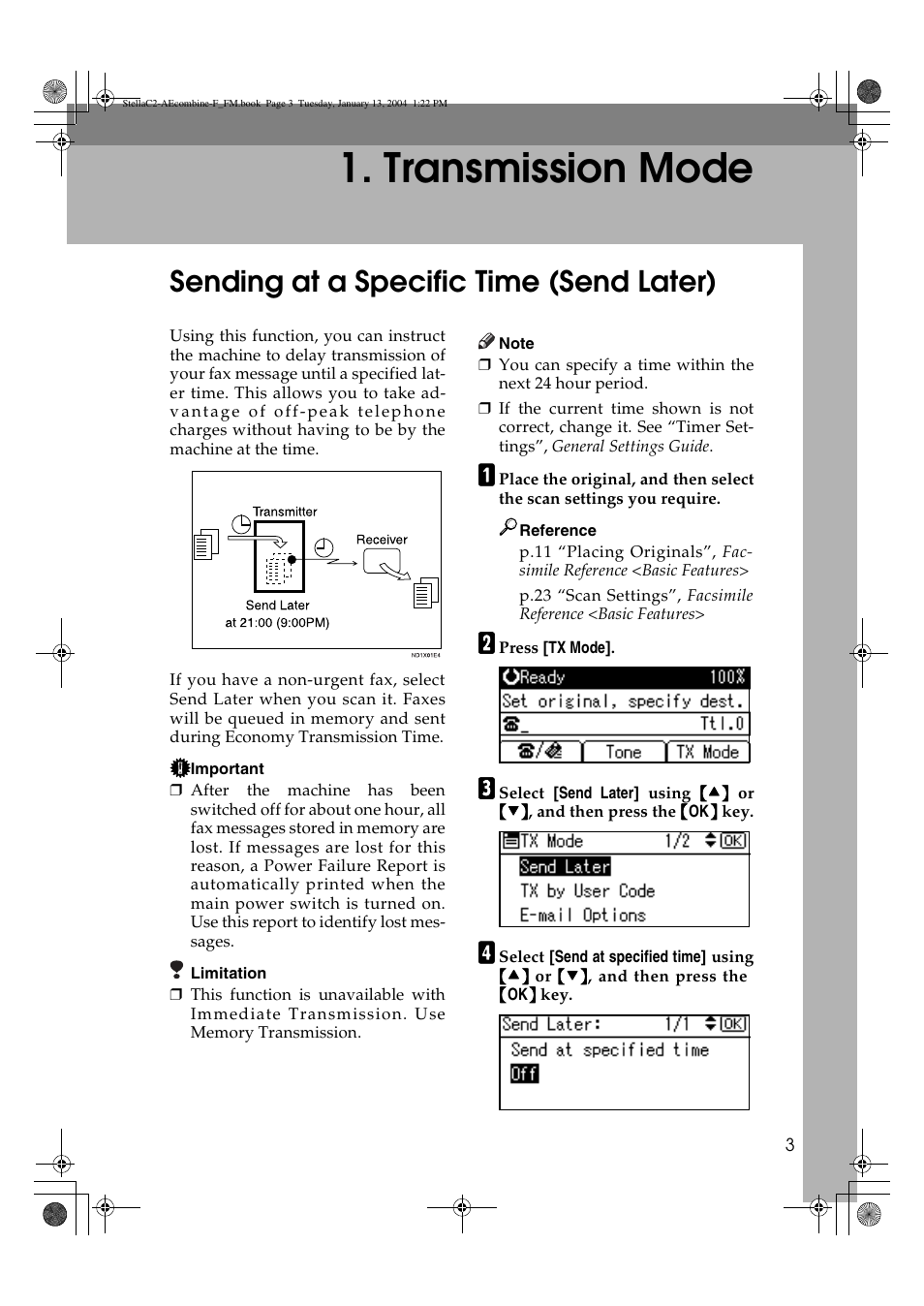 Transmission mode, Sending at a specific time (send later) | Dixon Aficio 1515 User Manual | Page 457 / 1171