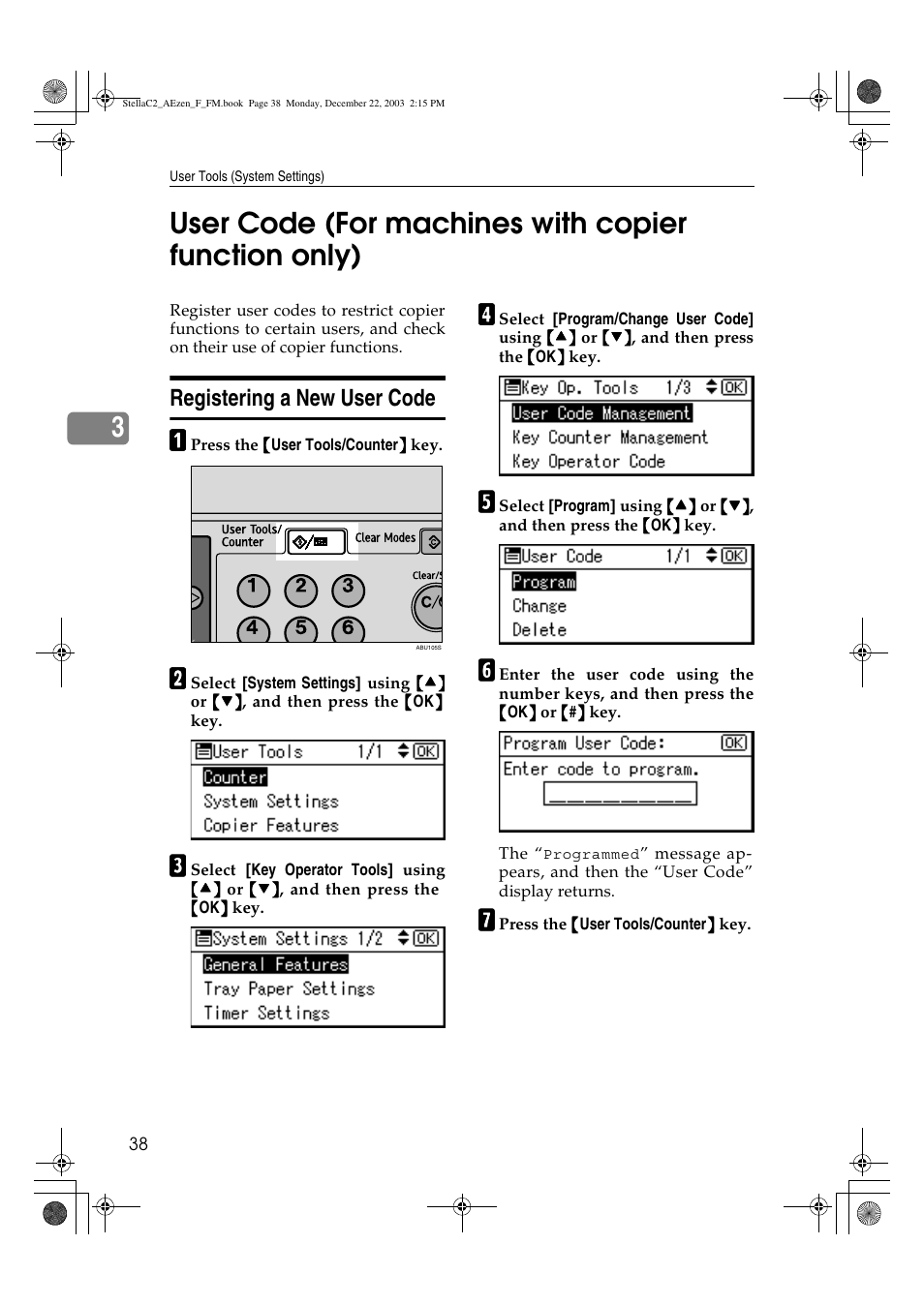 User code (for machines with copier function only), Registering a new user code | Dixon Aficio 1515 User Manual | Page 48 / 1171