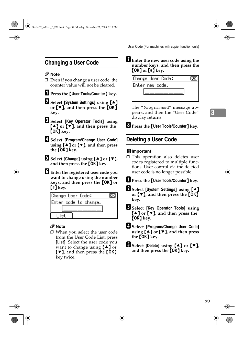 Changing a user code, Deleting a user code | Dixon Aficio 1515 User Manual | Page 49 / 1171